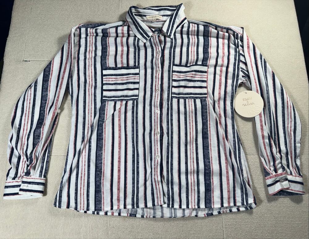 NWT Eden & Olivia Women's Large Button Up Shirt Long Sleeves Roll Tabs Stripes